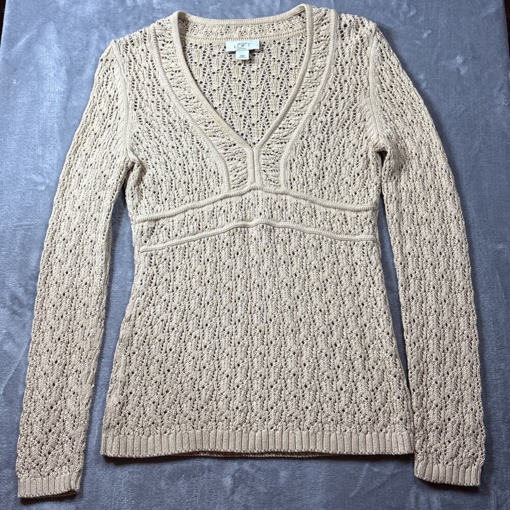Y2K Cottagecore Ann Taylor Loft size XSP Neutral Open Knit Boho V Neck Sweater